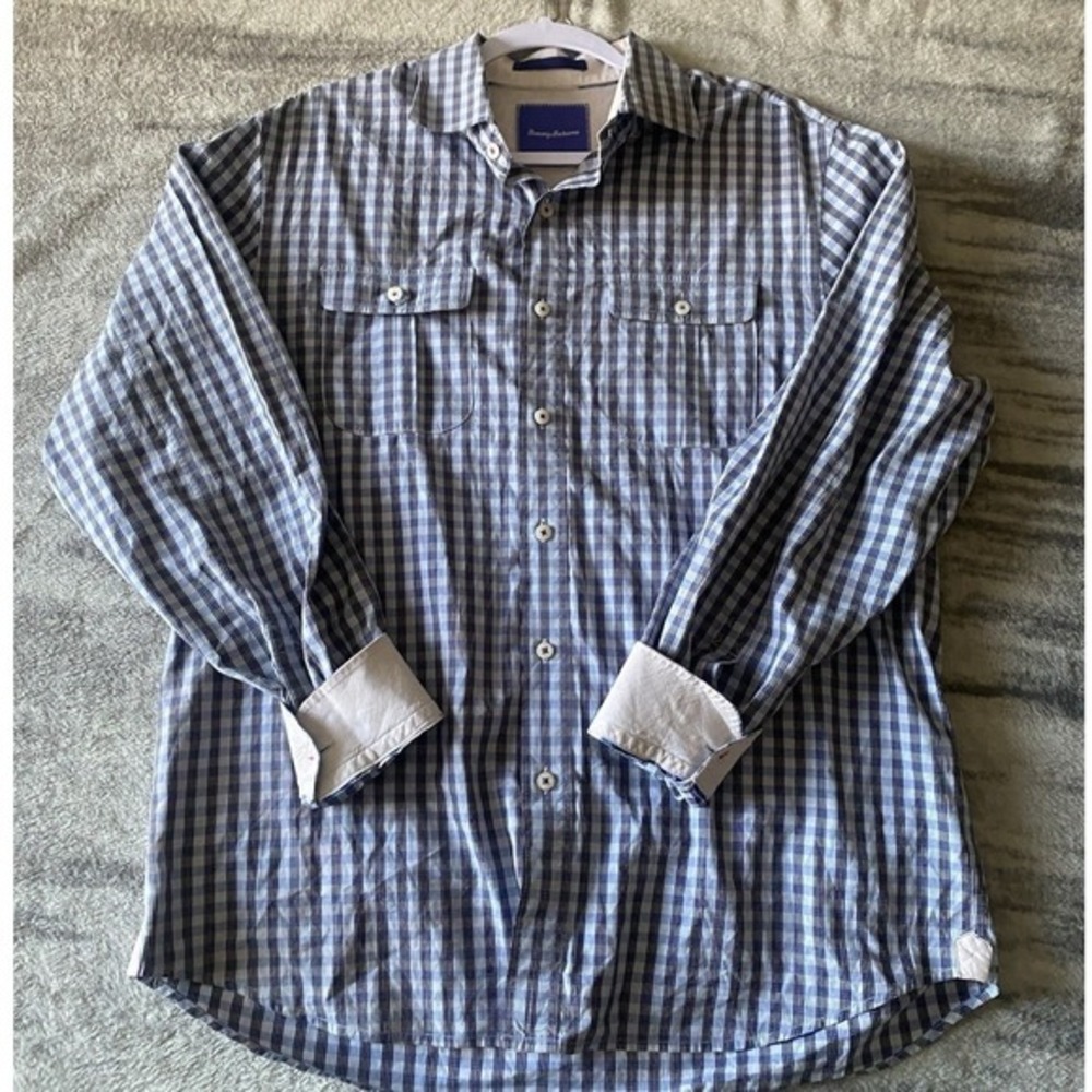 Tommy Bahama Mens Blue‎ Gingham Check Dobby Button Down Shirt Large T34458